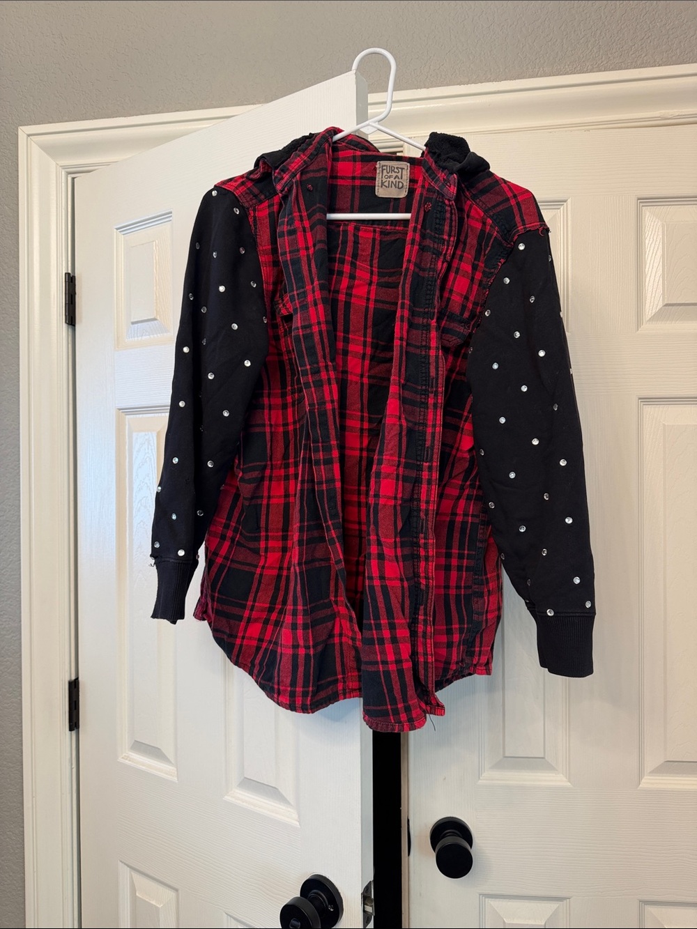 Red Plaid button down with Black rhinestone sweatshirt Sleeve and hood